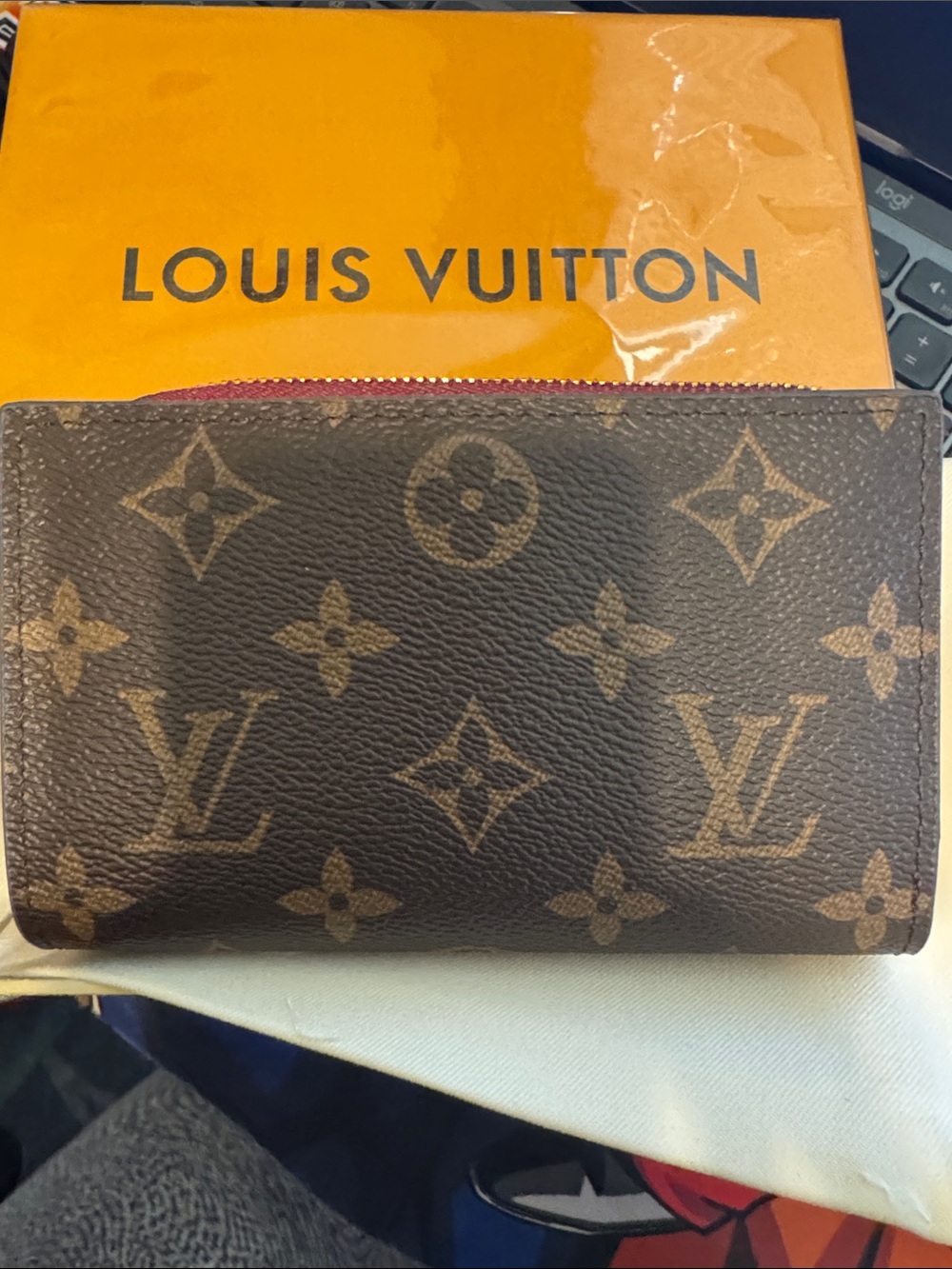 Louis Vuitton Brown Monogram Canvas Zip Card Holder with Red Trim